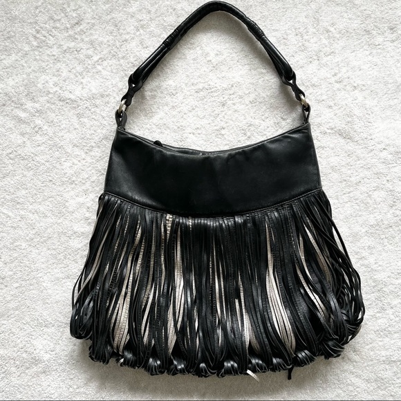 KATHERINE KWEI Black Leather And Metallic Fringe Hobo Purse Trendy Chic - Picture 3 of 11